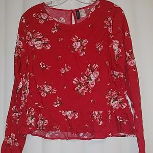H&M Divided Long Sleeve Red Floral Peplum  Shirt